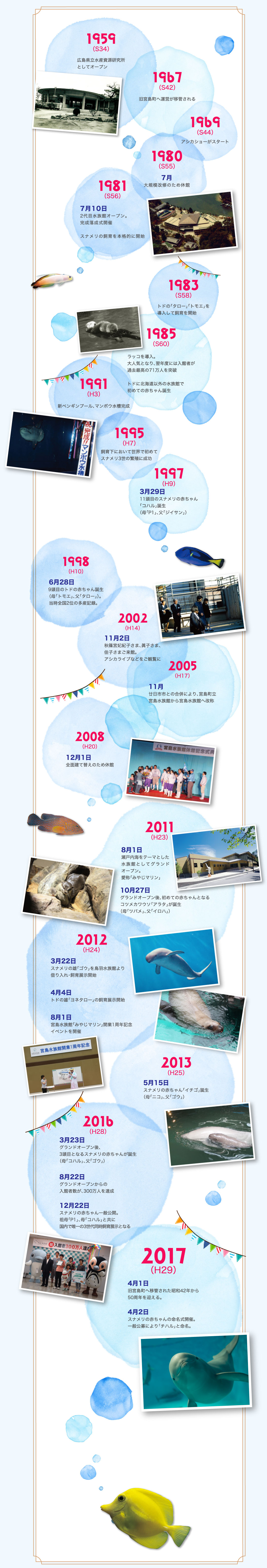 1959年（昭和34年）に前身の広島県立水産資源研究所がオープンし、1967年（昭和42年）に旧宮島町へ移管されてから、2017年で50周年を迎えました。開業からトドやラッコ、スナメリ、コツメカワウソたちと50年を歩んできました。